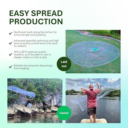Cast Net for Bait Fishing, Chain Bottom - size: 5' Radius | 3/8" Mesh