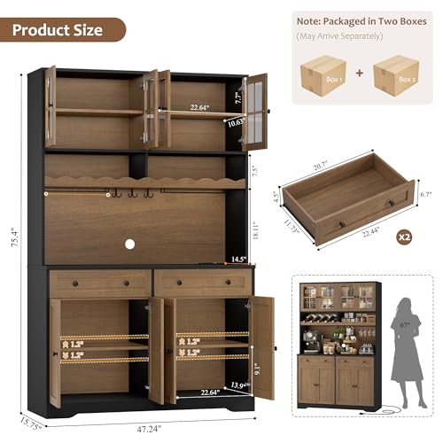 HOSTACK 75" Kitchen Pantry Storage Cabinet, Coffee Bar Hutch Cabinet, Brown | Tall Pantry Cabinet with Charging Station / Wide Countertop / Glass Doors / Wine Rack / Cup Holder / Drawers, Dining Room - color: Black/Brown