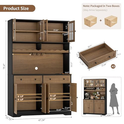 HOSTACK 75" Kitchen Pantry Storage Cabinet, Coffee Bar Hutch Cabinet, Brown | Tall Pantry Cabinet with Charging Station / Wide Countertop / Glass Doors / Wine Rack / Cup Holder / Drawers, Dining Room - color: Black/Brown