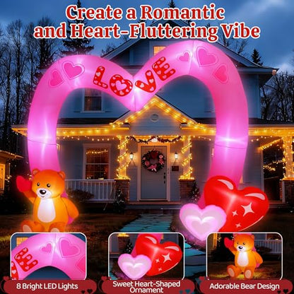 Lewondr 8FT Valentine's Day Inflatable Outdoor Decorations, Lovely Bear Pink Love Blow up Archway Romantic Yard Decoration with 8 Build-in Lights, Valentine's Inflatable Decor for Lawn Party Wedding - style: Archway