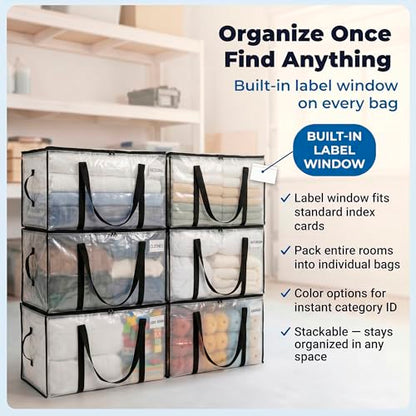 ClearSpace Heavy Duty Moving Bags - Water Resistant Storage Bags with Backpack Straps, Zippers and Handles - Large Moving Boxes for College Dorm, Travel, Closet Organization - 6 Pack, Clear | Heavy-duty moving bags with backpack straps, zippers, and handl