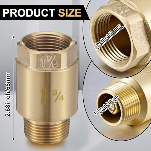 Zonon 2 Pcs 3/4 Inch Check Valve One Way Brass Non Return in Line Check Valve with Backflow Prevention NPT Male in FNPT out for Garden Hose Well Pumps Irrigation Systems Chemical Industry - size: 3/4 Inch