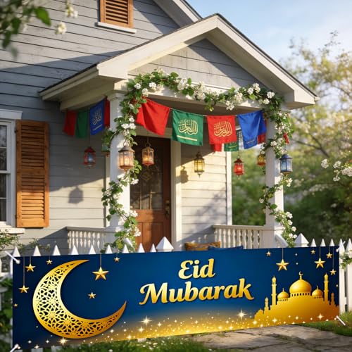 Nuxovilar Eid Mubarak Crescent Mosque Banner Polyester 17.72×78.74inches - Ramadan Mubarak yard sign for Home, Yard, Outdoor Decor - color: Ri50586