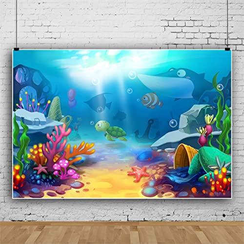 8x6ft Cartoon Underwater World Photography Backdrop Blue Ocean Beautiful Coral Cute Fish Background Kid's Birthday Baby Shower Party Cake Table Banner Portraits Photo Studio Props - size: 8x6ft