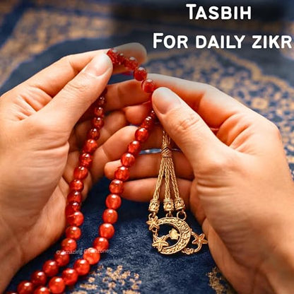 Amazing Gemstone Crystal Tasbeeh with Moon and Star Charm - Certified Crystal Muslim Prayer Beads Natural Gemstone Tasbih Gift for Ramadan Dhikr and Daily Namaz (G) - color: Red Onyx