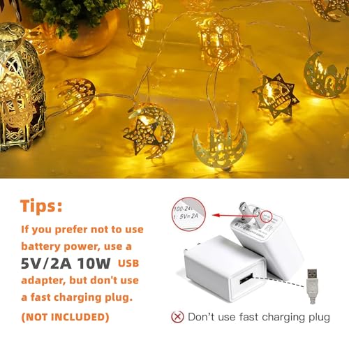 Ramadan Decorations for Home Ramadan Lights 13FT 20LED USB or Battery Operated 8 Modes Timer Iron Star Moon Fairy Twinkle Lights Eid Mubarak Decor Warm White (Metal R20)