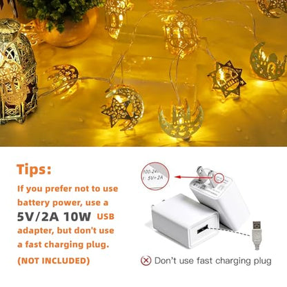 Ramadan Decorations for Home Ramadan Lights 13FT 20LED USB or Battery Operated 8 Modes Timer Iron Star Moon Fairy Twinkle Lights Eid Mubarak Decor Warm White (Metal R20)