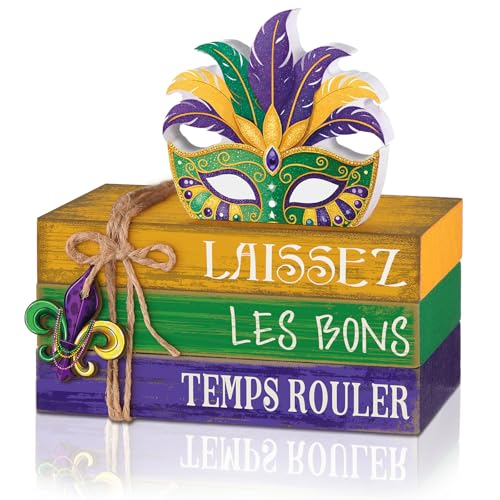 4 Pcs Mardi Gras Decorations for Home Mardi Gras Centerpieces Masquerade Masks Table Decorations Farmhouse Wooden Tabletop Blocks Sign for Rustic Tiered Tray Shelf Office Carnival - style: Carnival