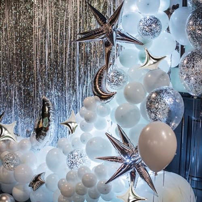Silver Star Foil Balloons Kit with 6 Pack 12 Point Star Balloons Starburst Cone Balloons Spike Balloons and 10Pcs Four Pointed Star Balloos for Wedding Baby Shower Photo Booth Birthday Party Supplies - style: Silver Star Explosion Balloons