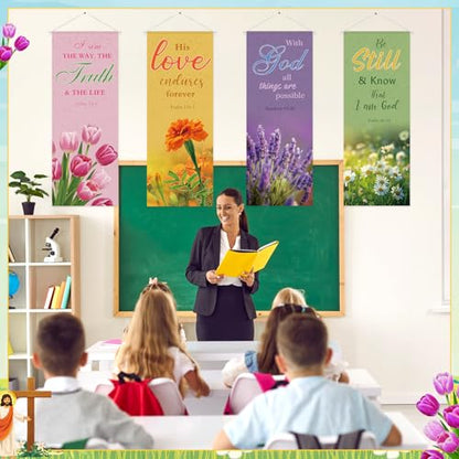 Panelee 4 Pcs Church Banners for Sanctuary Wall Blooming Flower Church Banners with Scripture Inspirational Religious Praise Bible Verses Hanging Backdrop Signs for Sunday School Worship Decoration - style: Bible Flower