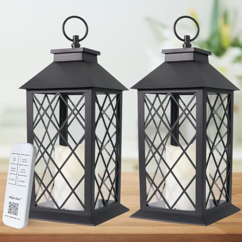 2-Pack 13.5" Candle Lanterns Outdoor Waterproof Decorative Lights with Timer Remote - Decorative Indoor LED Lanterns Battery Operated - Cool White Vintage Lantern Outdoor - color: 2-Pack: BLACK - TWO Flicker Options By Remote