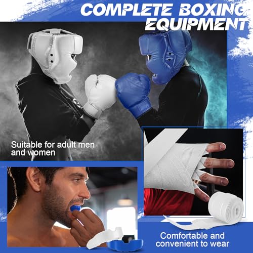Kanayu 14 Pcs Boxing Gloves and Headgear Set for Beginners Youth 16 Ounce Boxing Gloves Headgear Helmet Hand Wraps Mouth Guards Equipment for Beginners Training Equipment Gifts - color: Blue, White