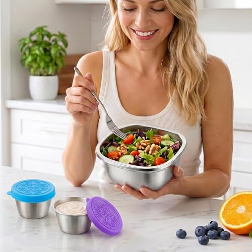 Stainless Steel Salad Bowls to go for Lunch Container Kit 50oz 2 Sets | 1500ML/ 50oz/ 6Cup 2 Pack Salad Bowls, 4 Dressing Container Cups Sets with Lids, Airtight, Leak-proof for Meal Prep - style: 2 Sets