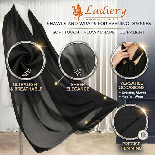 Ladiery Chiffon Shawl Wraps for Women Evening Dresses, Elegant Soft Sheer Shawls for formal dressy Bride Wedding - color: Black(1)