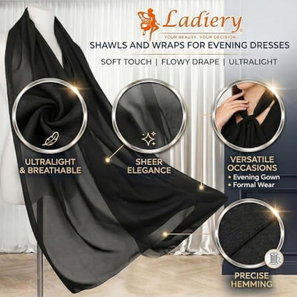 Ladiery Chiffon Shawl Wraps for Women Evening Dresses, Elegant Soft Sheer Shawls for formal dressy Bride Wedding - color: Black(1)