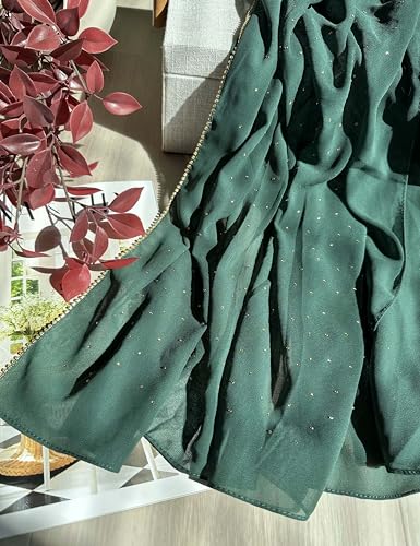 Hijab for Women Premium Chiffon Hijab Rhinestone Hijab Scraf for Women Muslim - color: Dark Green
