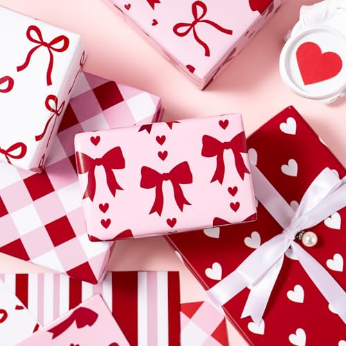 RUSPEPA Valentine's Day Wrapping Paper Sheets, Red and Pink Heart, Bow, Stripe and Plaid Design, Romantic Gift Wrap for Girls, Birthday, Anniversary, Bridal Shower, 6 Folded Sheets, 19.68 X 27.5 Inch - color: Romantic Design