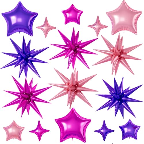 Hot Pink Purple Star Balloons, 22/18/10 Inch Foil Balloons, Four-Pointed Balloon for Women Girl Princess Birthday Wedding Baby Shower Party Decorations - color: Hot Pink Purple