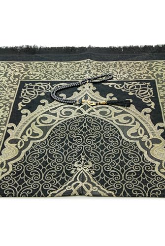 ihvan online Muslim Prayer Rug with 99 Beads Tasbih & Travel Bag, Soft Taffeta Sajadah, Lightweight & Foldable Janamaz, Portable Prayer Mat, Islamic Gift for Eid, Ramadan, Hajj & Umrah, Black - color: Black