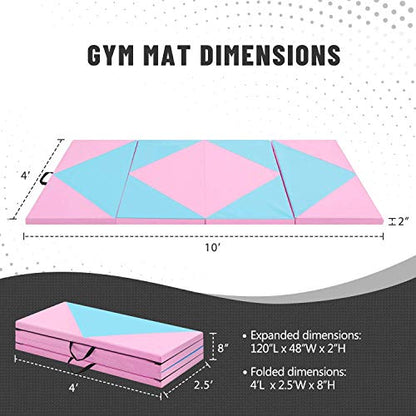 Outroad 6/8/10' Foldable Gymnastics Gym Exercise Aerobics Mat, PU Leather Tumbling Mat with Hook & Loop Fastener for Stretching Yoga Cheerleading Martial Arts - Versatile Fitness Mat for Home Workout - color: Blue 4 folding mat 4' x 10' x 2"
