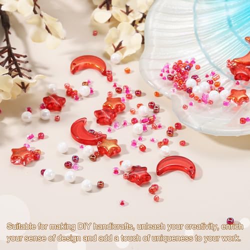 uxcell 110Pcs Star Moon Beads, Star Moon Acrylic Pearl Beads Crystal Glass Spacer Bead for DIY Making Jewelry Bracelets Craft, Red - color: Red