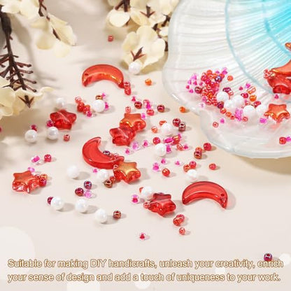 uxcell 110Pcs Star Moon Beads, Star Moon Acrylic Pearl Beads Crystal Glass Spacer Bead for DIY Making Jewelry Bracelets Craft, Red - color: Red