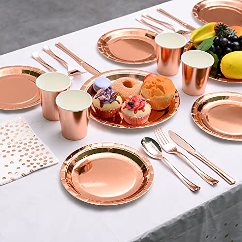 200 Pieces Solid Rose Gold Party Supplies - Rose Gold Paper Plates & Napkins Cups Silverware Serves 25 Sets for Wedding Bridal Shower Engagement Birthday Parties (Rose gold) - color: Rose Gold