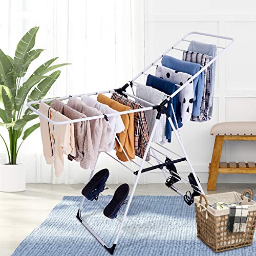 GOFLAME Steel Clothes Drying Rack with Adjustable Wings, Foldable Gullwing Collapsible Laundry Drying Rack with Shoe Holder and Shelves, Space Saving Drying Rack for Underwear, Socks, Pants - size: 54.5" x 22" x 36.5"