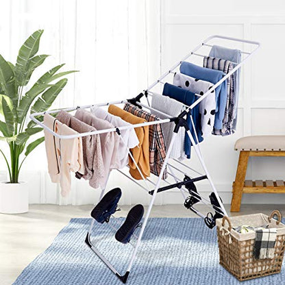 GOFLAME Steel Clothes Drying Rack with Adjustable Wings, Foldable Gullwing Collapsible Laundry Drying Rack with Shoe Holder and Shelves, Space Saving Drying Rack for Underwear, Socks, Pants - size: 54.5" x 22" x 36.5"