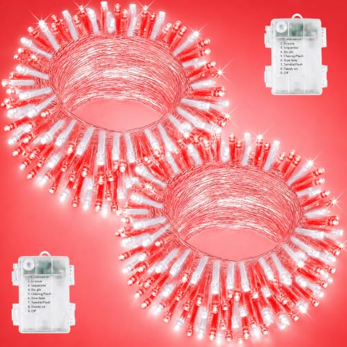 2 Pack 200 LED Battery Operated String Lights, Fairy Lights Red & White - color: Red and White, size: 2PK(100LED)