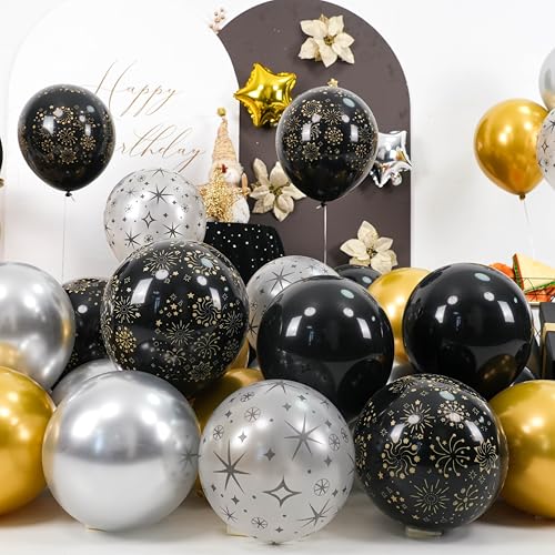 Black and Gold Balloons, Black Silver Gold Balloons, Silver Star Fireworks Printed Balloon With Star Foil Balloon For New Year Retirement Graduation Birthday Baby Shower Party Wedding Celebration - color: Black Silver Gold