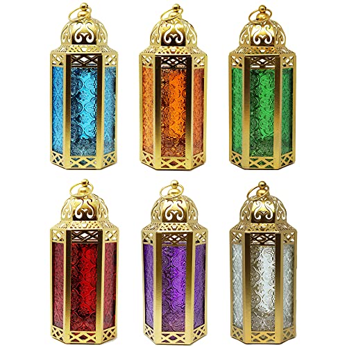 VELA LANTERNS 6pk Gold Moroccan Decor Candle Lantern, Decorative Candle Holder Lamp for Ramadan, Indoor Home Decor, Patio, Weddings, Table or Hanging, Assorted Colors, Medium - color: Assorted, size: Medium