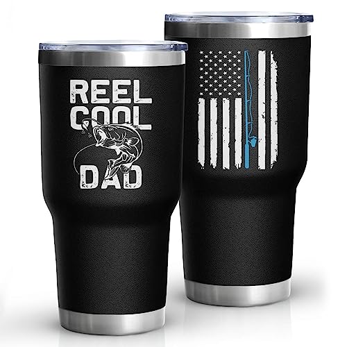 Fishing Gifts for Dad Men 30 oz REEL COOL DAD Tumbler Cups with Fish American Flag Design Father's Day Christmas Fishing Gifts for Dad Grandpa Stainless Steel Insulated Water Bottle With Lid - color: DAD-Fishing-01