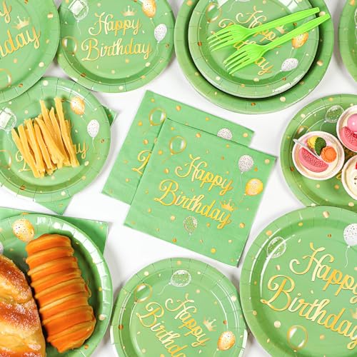 Qyeahkj 100 Pcs Sage Green Birthday Party Supplies Olive Green Gold Paper Plates Napkins Forks Tableware Set Disposable Greenery Happy Birthday Party Decorations for Women Men Girls Favors Serve 25 - style: Sage green birthday
