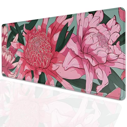 Pink and Red Flowers Desk Pad Mouse Pad,Large Gaming Floral Mouse Mat with Stitched Edges,Non-Slip Waterproof Rubber Base Mousepad for Office Work Home Desk Mat(27.5X11.8 in) - color: Pink Art Flowers