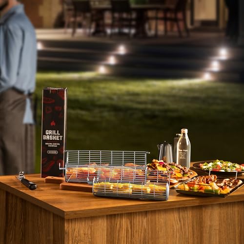 Rolling Grill Basket, Removable Wooden Handle, Extra Sturdy Cylinder Grilling Basket, Food Grade Stainless Steel, Portable Outdoor Camping accessories BBQ Net Rack, Cooking Griller for Fish, Vegetables, and More - Gifts for Men Dad Husband - Set of 2