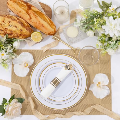 175PCS Disposable Plastic Plates,Gold Plastic Dinnerware Set Includes 25 Dinner Plates, 25 Dessert Plates, 25 Pre Rolled Napkins with Gold Silverware, 25 Cups for Party, Wedding, Birthday - color: White and Gold