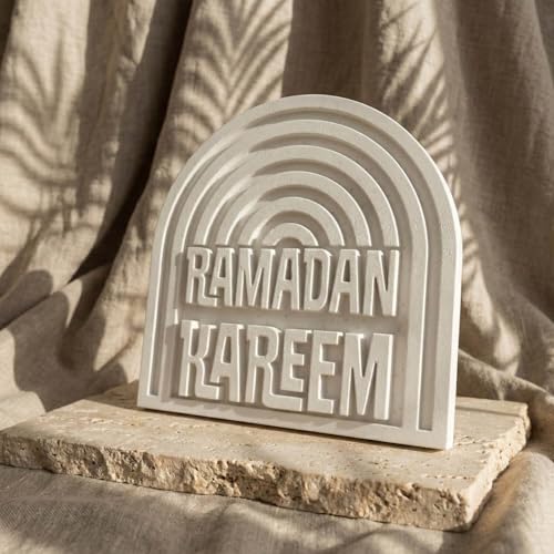 Ramadan Kareem Islamic Table Decor – Elegant Arabic Calligraphy for Home or Office – Unique Islamic Art Piece, Perfect for Eid, Ramadan, or Daily Inspiration – White Stone Powder Statue - style: Ramadan Kareem