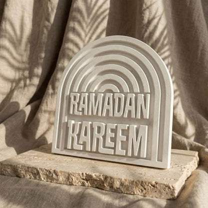 Ramadan Kareem Islamic Table Decor – Elegant Arabic Calligraphy for Home or Office – Unique Islamic Art Piece, Perfect for Eid, Ramadan, or Daily Inspiration – White Stone Powder Statue - style: Ramadan Kareem