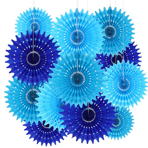 12PCS Paper Fans Blue Party Decorations Tissue Paper Flowers Decorations for Girl Groovy Birthday Baby Shower Wedding Bachelorette Room Wall Hanging Décor - color: Blue