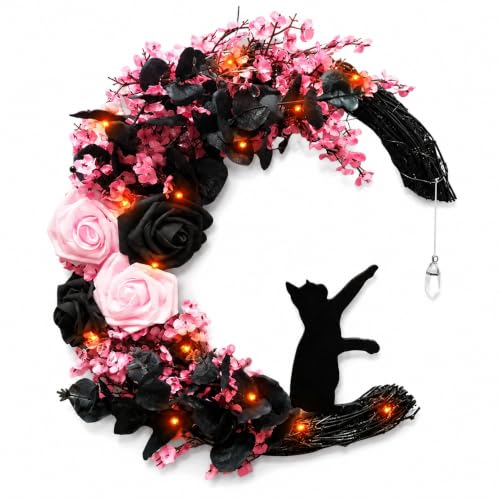 Pink Halloween Wreath with Lights, Moon Cat Wreath for Front Door - color: Rose
