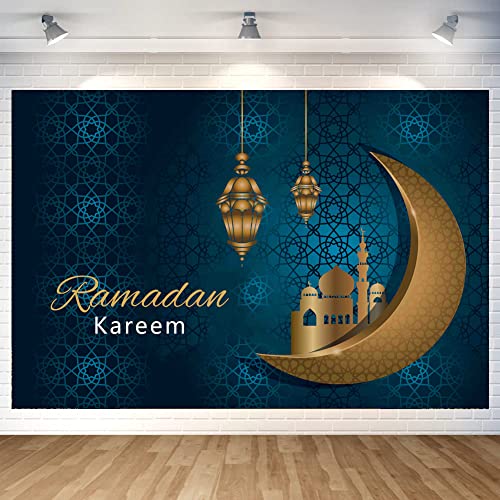 Ramadan Mubarak Backdrop Ramadan Kareem Banner Eid Mubarak Photography Background for Home Decorations Ramadan Party Supplies 70.8 x 47.2 Inch (Dark Blue)