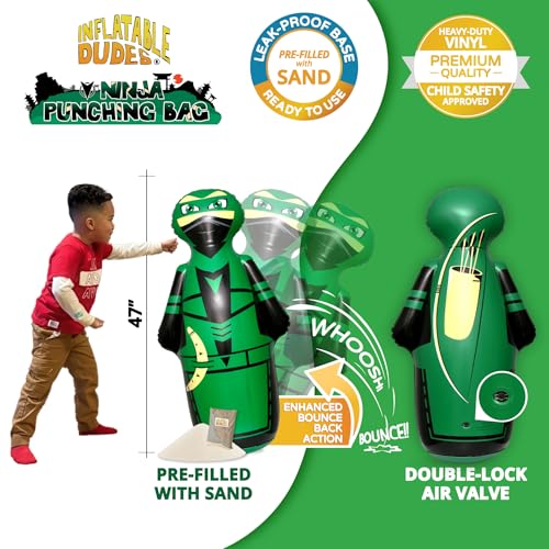 INFLATABLE DUDES Green Ninja Toy 47” - Kids Punching Bag | Sand-Base | Bop Bag, Pre-filled with Sand, Inflatable Toy, Punching Bag for Kids, Enhanced Bounce-Back Action, Indoor/Outdoor - color: Green Archer Standard Ninja | Pre-filled with Sand