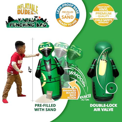 INFLATABLE DUDES Green Ninja Toy 47” - Kids Punching Bag | Sand-Base | Bop Bag, Pre-filled with Sand, Inflatable Toy, Punching Bag for Kids, Enhanced Bounce-Back Action, Indoor/Outdoor - color: Green Archer Standard Ninja | Pre-filled with Sand