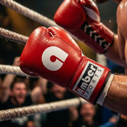 Amber Fight Gear Professional Leather Fight Gloves – Competition Ready Boxing & Kickboxing Gloves – Padded Multi-Layered Foam – Pre-Curved Safety Design – Sizes 8oz, 10oz, 12oz – Red & Blue - color: Red, size: 8 oz
