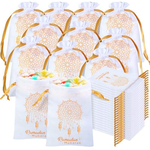 Coume 20 Pcs Eid Ramadan Mubarak Satin Gift Bags with Drawstring, English