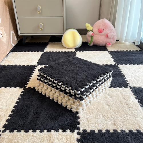 12pcs Carpet Squares Puzzle Floor Mat, Plush Interlocking Carpet Tiles, Anti Slip EVA Foam Jigsaw Floor Tiles, Build A Safe Area for Bedroom Playroom (Beige+Black) - color: Beige+black