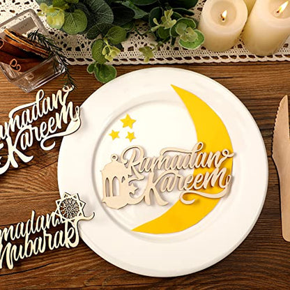 24 Pieces Eid Mubarak Plate Setting Hanging Wooden Word Eid Wood Sign Kareem Moon Star Ramadan Decorations Islamic Table Decor for Al Adha Muslim Home Pendant Wall Party Ornaments