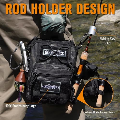 Small Fishing Backpack, Waterproof Fly Fishing Sling Pack Tackle Bag with Tackle Boxes - color: A-Black(Size:17.7*8.5*5.7in)
