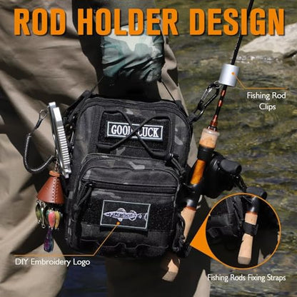 Small Fishing Backpack, Waterproof Fly Fishing Sling Pack Tackle Bag with Tackle Boxes - color: A-Black(Size:17.7*8.5*5.7in)